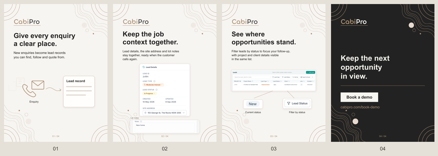 Four slides from a CabiPro feature carousel about lead records, job context and status filtering, ending with a demo invitation